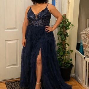 Navy Sequin & Tulle Evening Gown with Front Slit